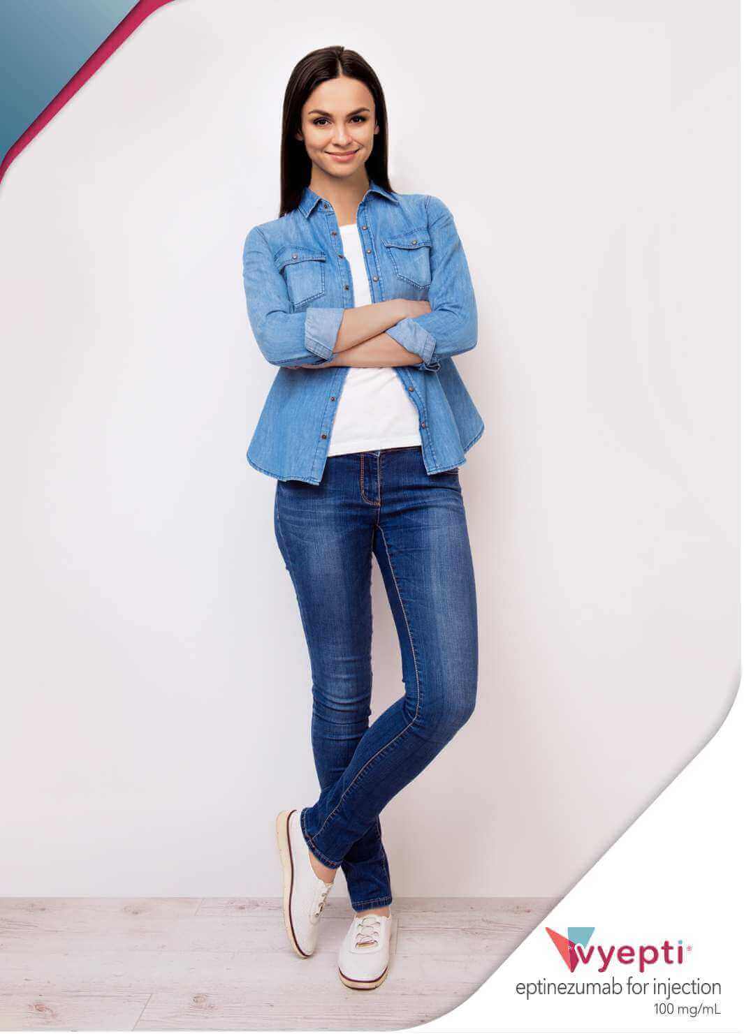 Young woman with hands crossed and Vyepti logo